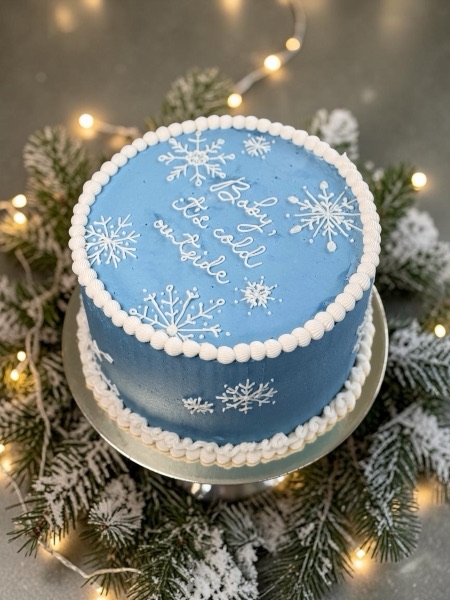 Powder-blue buttercream cake with hand-piped white snowflakes and "Baby it's cold outside" script, scalloped cream borders