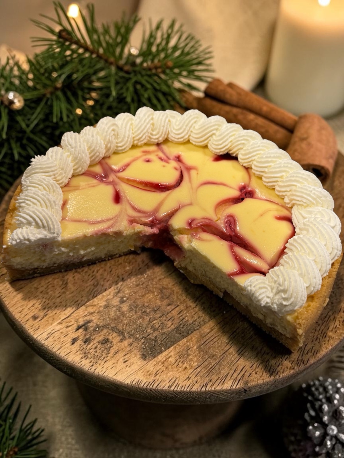 Strawberry swirl cheesecake with a piped whipped cream border, a wedge cut to show the white cheesecake interior